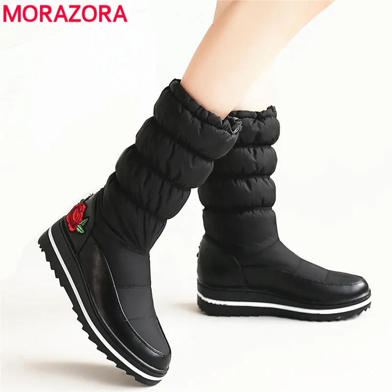 Женские сапоги на платформе MORAZORA черные до середины икры толстом меху с