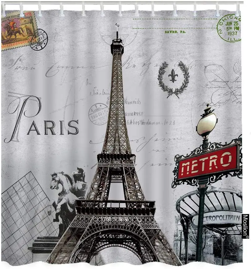 

Paris France Eiffel Tower Post Metro City Horse Flower Wreath Stamp Bathroom Shower Curtain Home Decorative