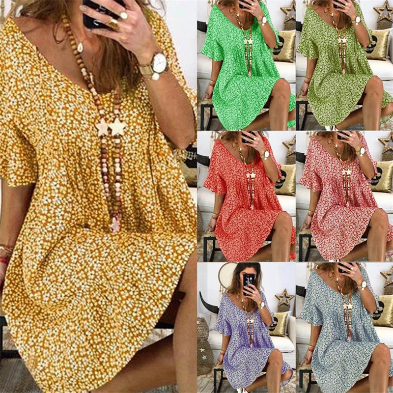 

Long Skirt Summer Women's Sexy V-Neck Bohemian Print Flared Sleeve Dress Holiday Beach Shirt Skirt Ladies Party Dress
