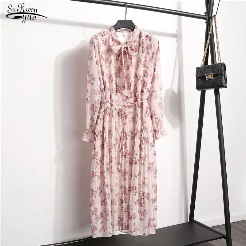 Женское винтажное шифоновое платье элегантное плиссированное с длинным рукавом