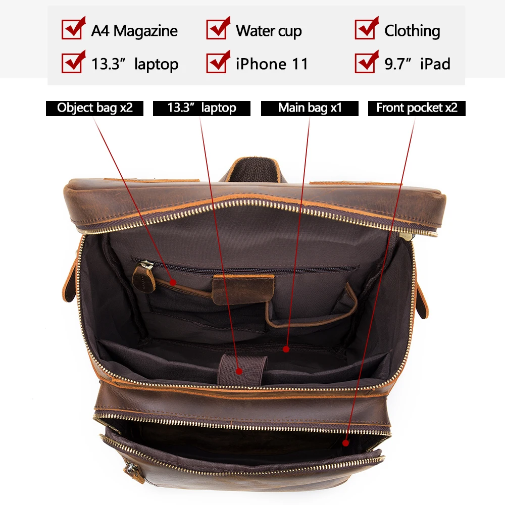 

MVA Vintage Crazy Horse Leather Men Backpack Real Leather Women Rucksack Big Capacity Travel Bag School Backpack For Women Retro
