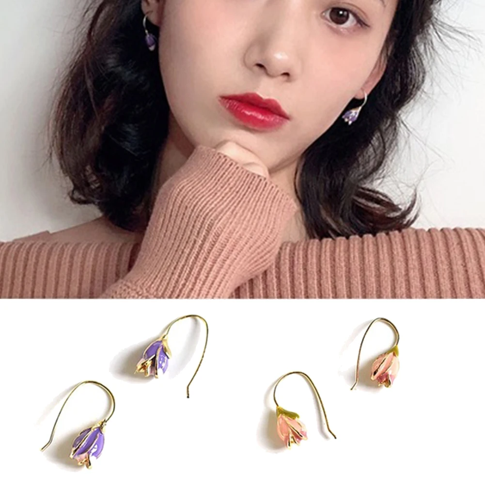 Женские серьги с эмалью тюльпана на крючке антиаллергенным цветком подарок день