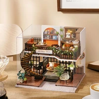 new wooden doll house kit miniature with furniture lights forest tea coffee store casa diy villa dollhouse toys adults xmas gift