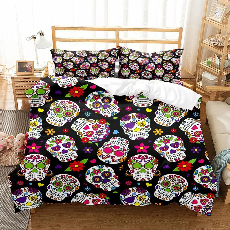 

Skull Flower Duvet Cover Polyester Fabric Bedding Set Zipper Design Soft Bedspread Queen King Comforter Set With Pillowcases