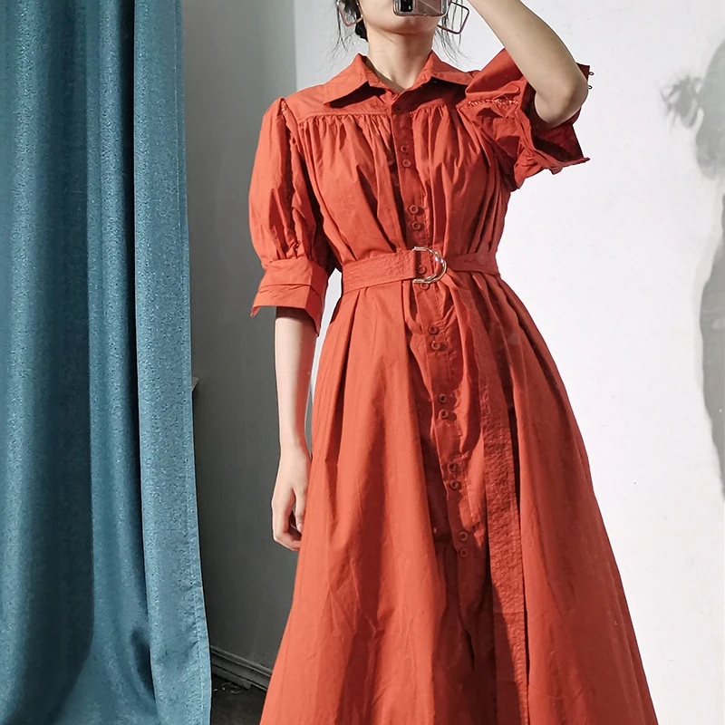 

XIZIHUPAN Casual Solid Dress For Women Lapel Puff Short Sleeve High Waist Sashes A Line Midi Dresses Female Spring Fashion Style