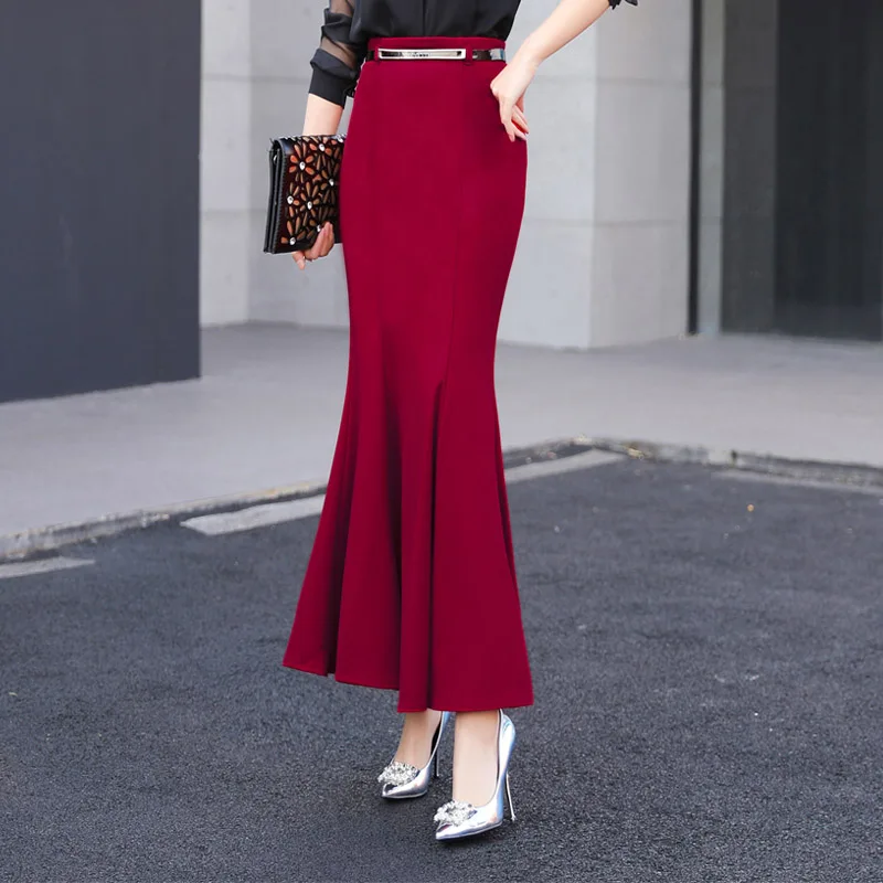 

2021 Spring Women Skirt Ruffles Slim High Waist Long Package Buttocks Tail Skirts Red Black 1890