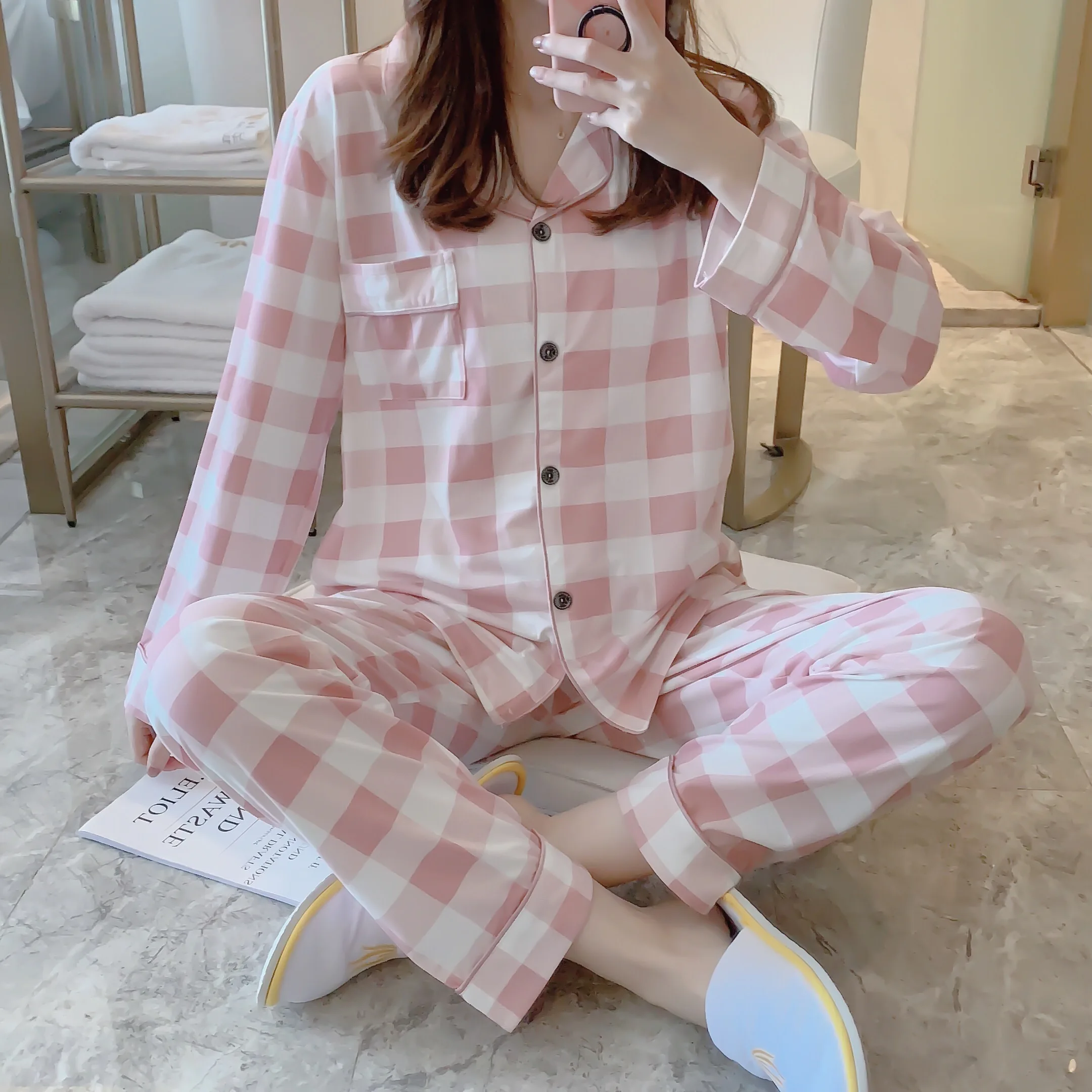 

Autumn Winter New Sleepwear Set Women Turn-down Collar Pajamas Cute Cartoon Pattern Button Top+Pants Leisure Home Wear