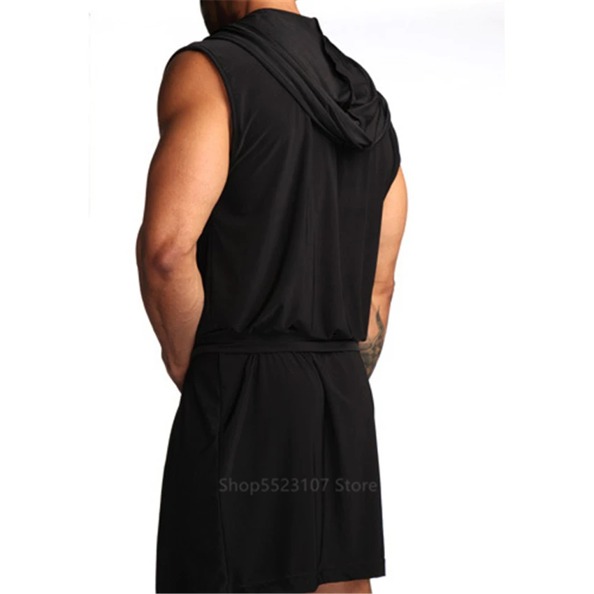 

Men's Bathrobe Kimono Sleepwear Male Sleeveless Thin Hooded Homewear Wearman Silk Pajamas Night Gown Bath Robes For Men Clothing