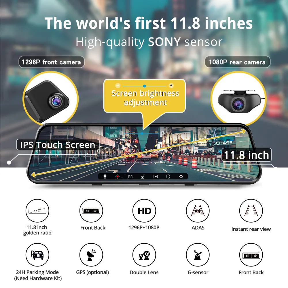 AZDOME 12 &quotPG17 сенсорный экран ADAS Автомобильный видеорегистратор 1296p Full HD Stream