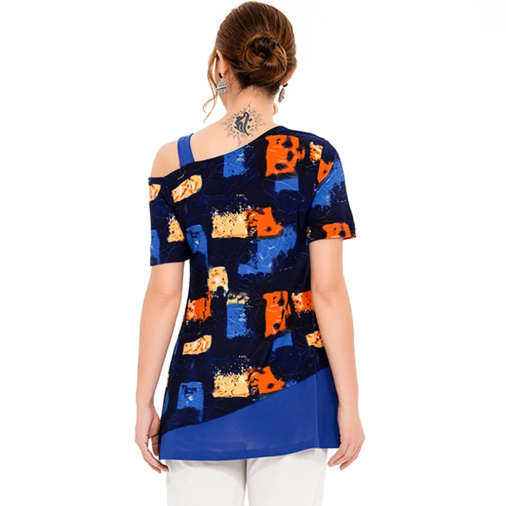 Женская футболка на одно плечо с коротким рукавом разноцветная туника принтом