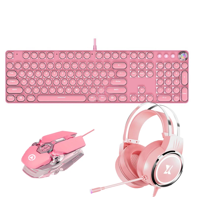 

Pink Girls Gaming Sets Keyboard Mouse Headset Combos 104 Keycaps Green Axis Mechanical Keyboard 3200 DPI Optical Mouse Earphone