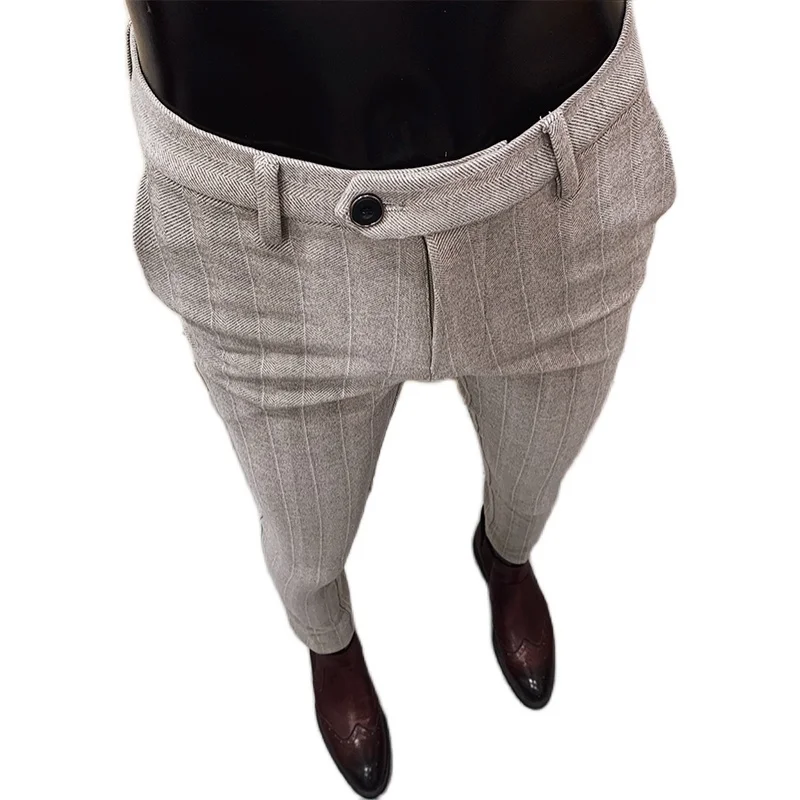 

Autumn Winter 2021 Men Striped Dress Pants Woolen Warm Business Formal Social Suit Pants Casual Slim Fit Cigarette Trousers