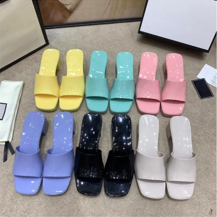 

2021 Jelly PVC Slippers Open Toe Shoes Woman Runway Chunky Heels Beach Slides Big Size Candy Colors Sapatos Feminina