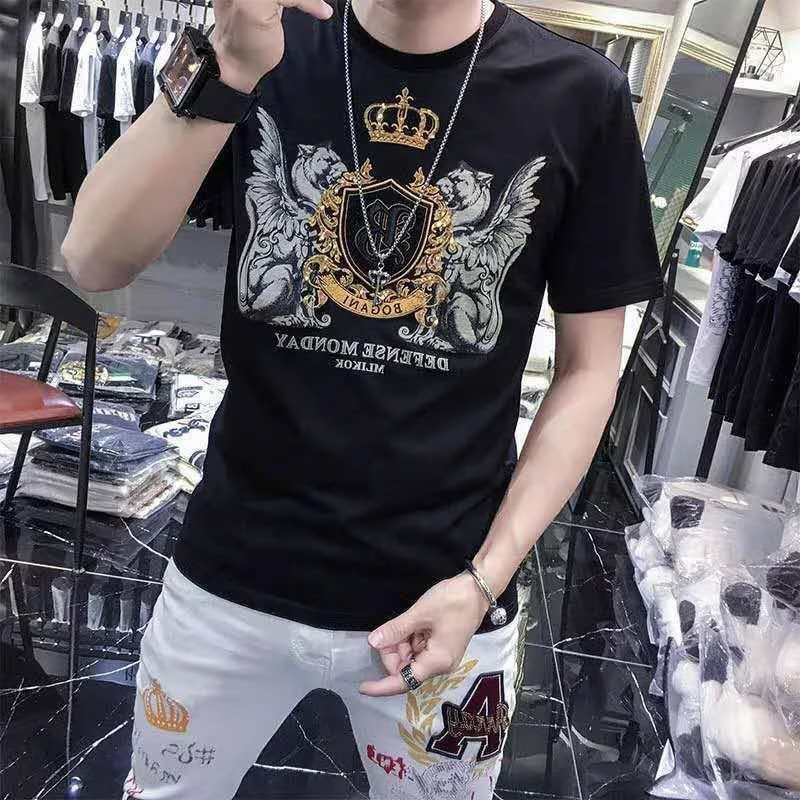 

Hot Men T-shirt 2021 Summer Crown Embroidered Short Sleeve Tee Shirt Men's Fashion Casual Cotton Streetwear O Neck Tops Male