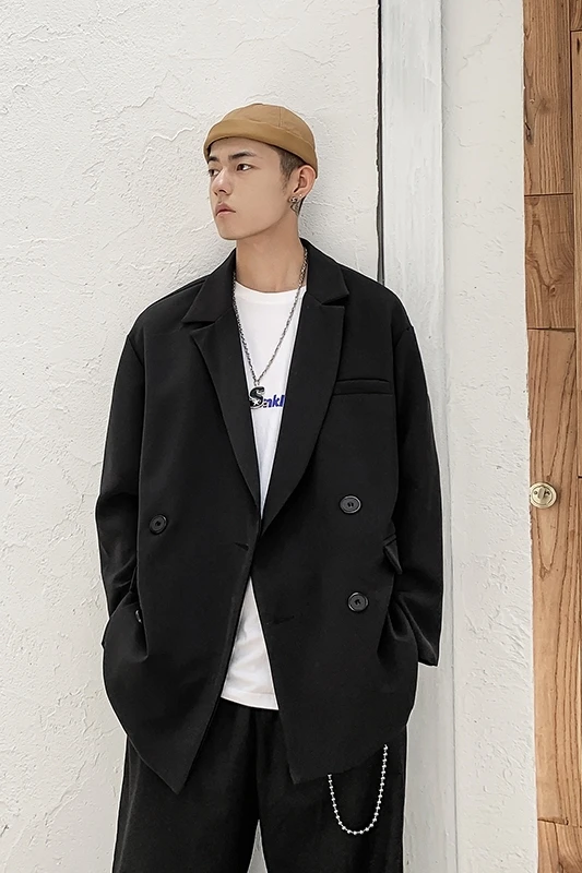 

2019 Spring And Autumn New Men's Shirt Coat Loose Hong Style Fashion Casual Long-sleeved Solid Color Suit Khaki / Black M-2XL