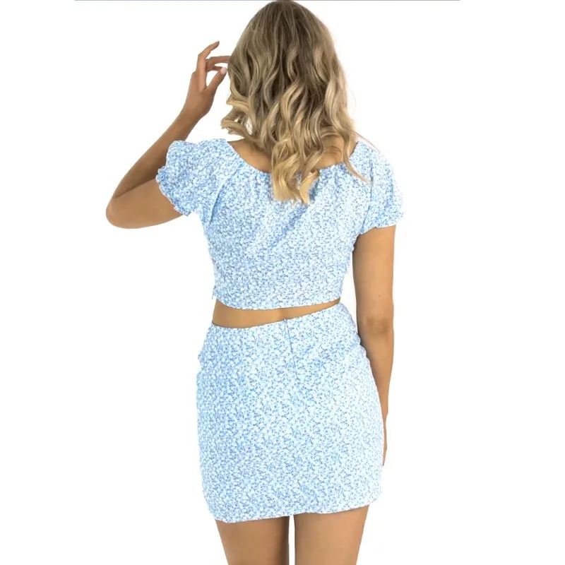 

Women Short Sleeve Crop Top Sexy Bodycon Skirt Ruffles Outfit Two Piece Sets