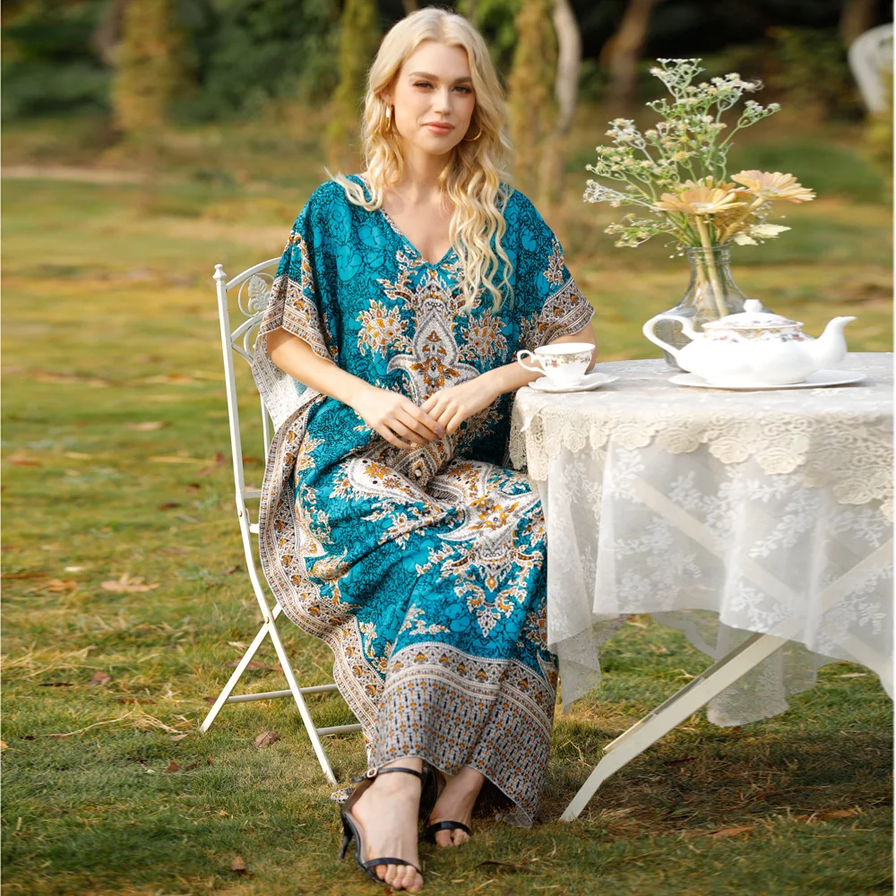 

Digital Color Print Dress Large Size Women's Sexy V-Neck Short Sleeve With Fashion Elegant Holiday Loose Long Dress 2021 New