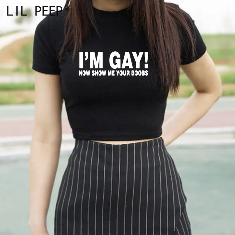 

Im Gay Printed Crop Top Female Fashion Harajuku Tee Clothes Women Blouses Shirts Tops Punk Clothes 2021 90s