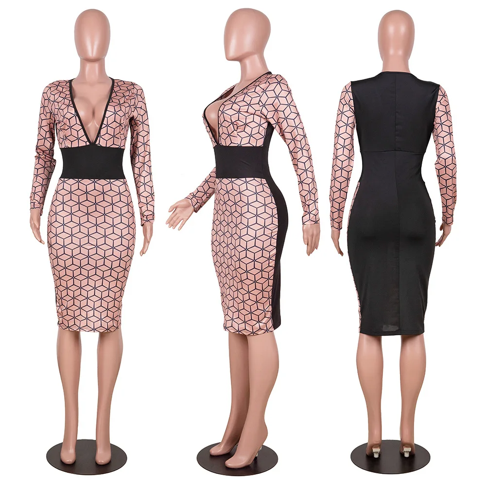 

Fall Sexy Geometric Patchwork Women Bodycon Dress Deep V Neck Long Sleeve Short Vestidos Dress