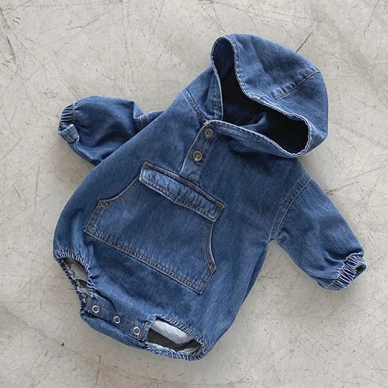 

Baby Girl Boy Denim Romper 2021 Korean Baby One-piece Solid Color Baby Long-sleeved Hooded Romper Bag Fart Clothes
