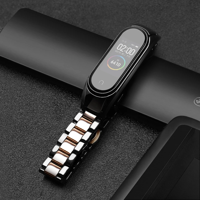 Black rose gold Керамический ремешок браслет для xiaomi mi band 5 ремешок для mi band 4 сменный ремешок с металлической пряжкой Регулируемый размер - Цвет: Black rose gold