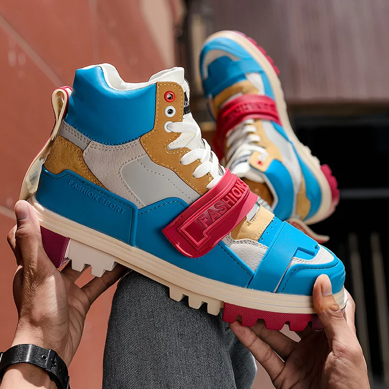 

Мужские кожаные кроссовки, синие, красные, повседневные, на высокой платформе, для осени и зимы, 2021