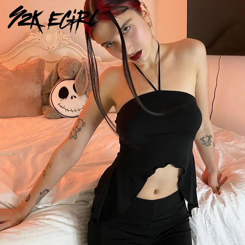 

Y2K EGIRL E-girl Streetwear Irregular Hem Halter Tops Mall Goth Sleeveless Lace Up Black Tank Tops Y2K Vintage Backless Sexy Top
