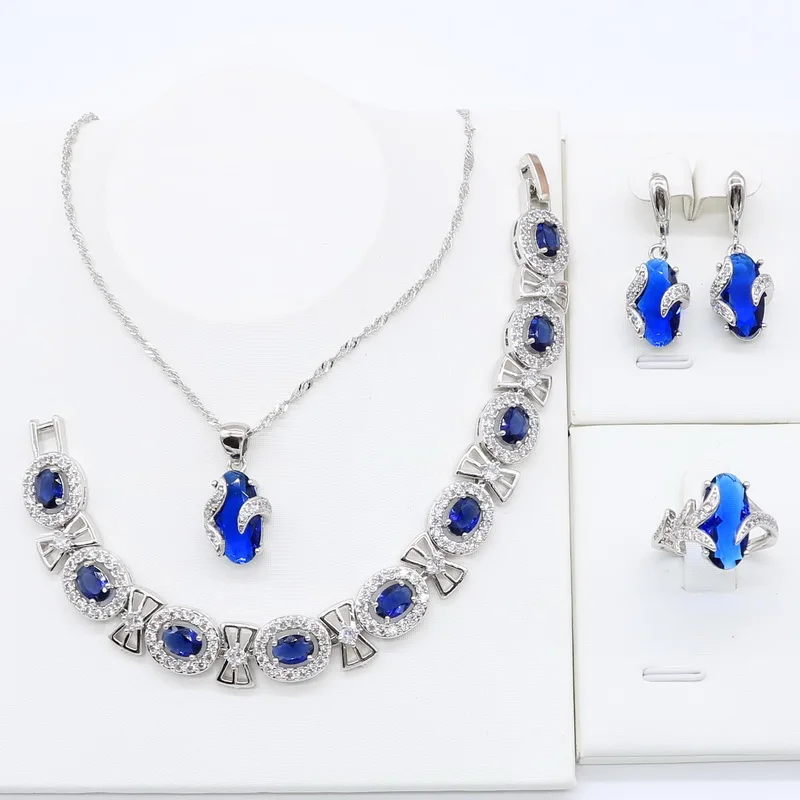 Королевский Голубой Кристалл 925 Серебряные Ювелирные наборы для женщин браслет