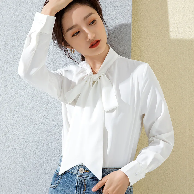 

Bow Lace-up Chiffon Shirt Women's 2021 Spring/Autumn Commuter Ol Elegant Long Sleeve White Top Fashion Design Simple Blouses