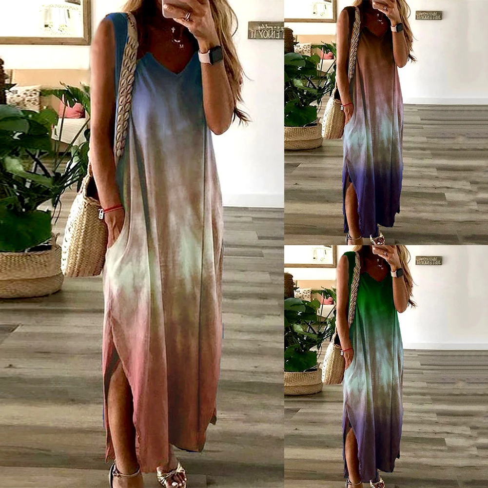 

casual dress Women Boho V Neck Sleeveless Gradient Color Pockets Slitting Hem Long Dress dress for women summer dresses print