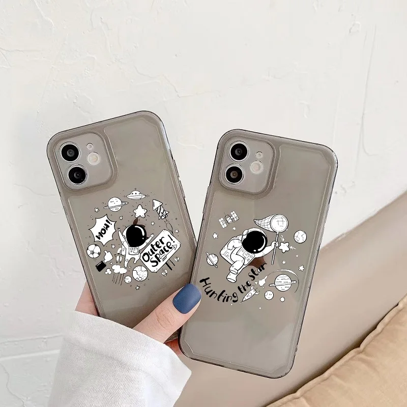 

Cartoon Astronaut Planet Star Premium Gray Clear Phone Cases for iphone 12 11 pro max X XS XR 7 8 Plus Straight Edge Soft Cover