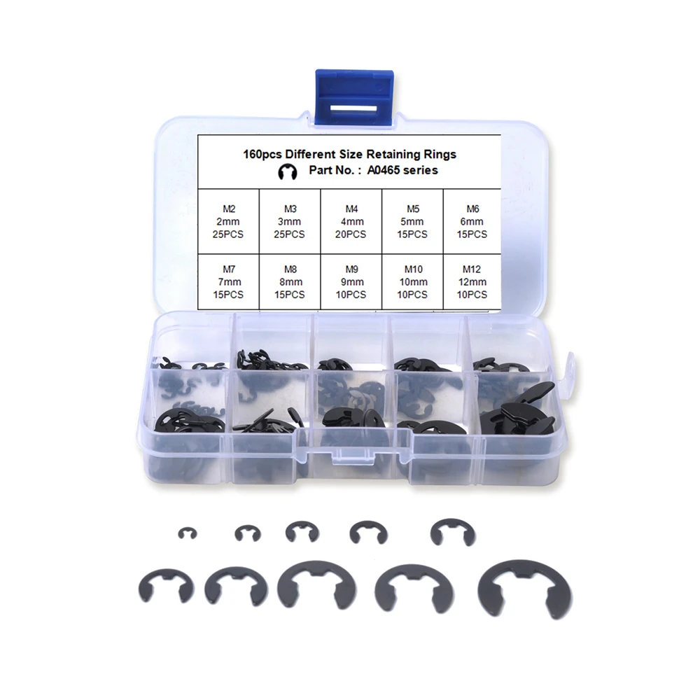 

160Pcs 2-12mm E Clip Circlip Inner Snap Ring Seegering Assortment Kit Truck Car E-Clip Retaining Ring Snap Ring Spring steel