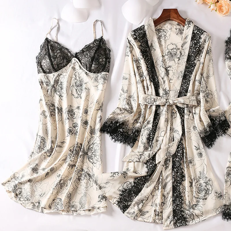 

Sexy Lace Trim Sleepwear Nightgown Suit Summer Female Kimono Bathrobe Gown Printed Flower Wedding Robe Silky Loose Home Clothes