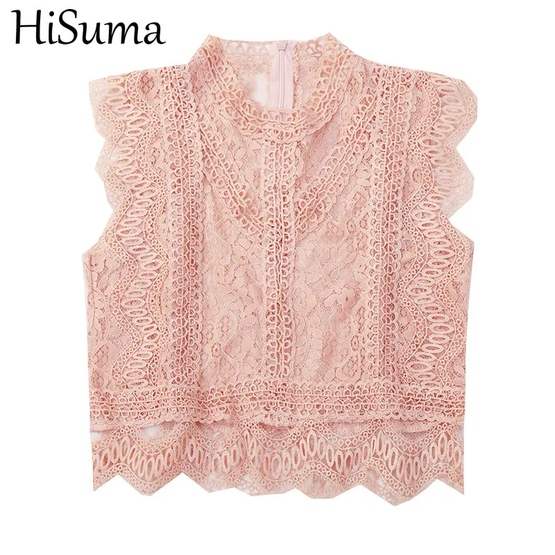 HISUMA Summer O-Neck Women Sleeveless Hollow Out Lace Flower Basic Shirt Lady Short Slim Pullover Back Zipper Ruffle Blouse Tops