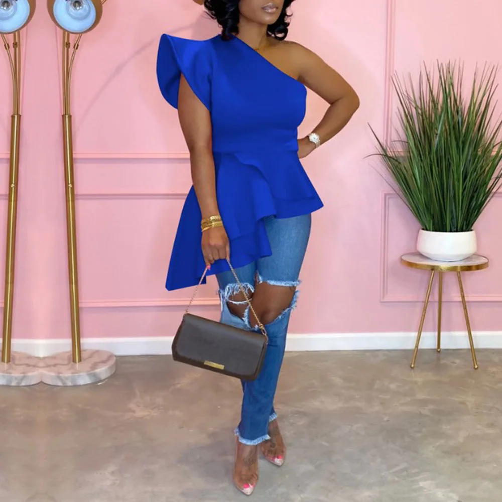 Розовая красная блузка с оборками для женщин модная сексуальная на одно плечо