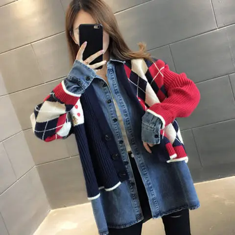 

Knitted Stitching Fake Two - Piece Denim Coat For Women 2021 Spring And Autumn New Korean Style Loose And Lazy Style Cardigan To