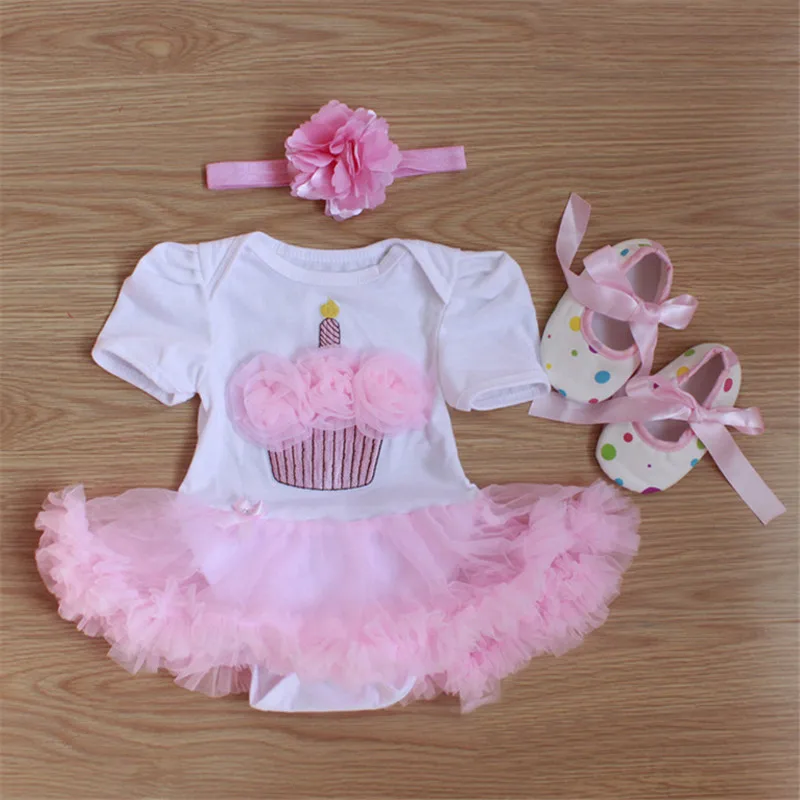 

New Princess Girls Dress Pink Cupcake Appliques Costumes for Newborns Baby 1st Birthday Romper +Headbands+ Shoes 3pcs Outfit Set