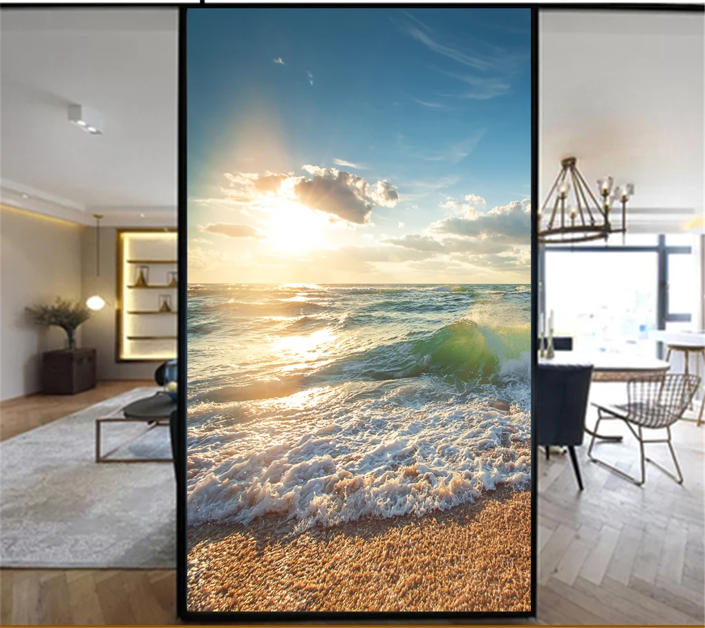 Оконная пленка для конфиденциальности с эффектом статического прилипания, без клея, декоративная, покрытие для стекла с морским пляжем, наклейка, 88 дюймов.