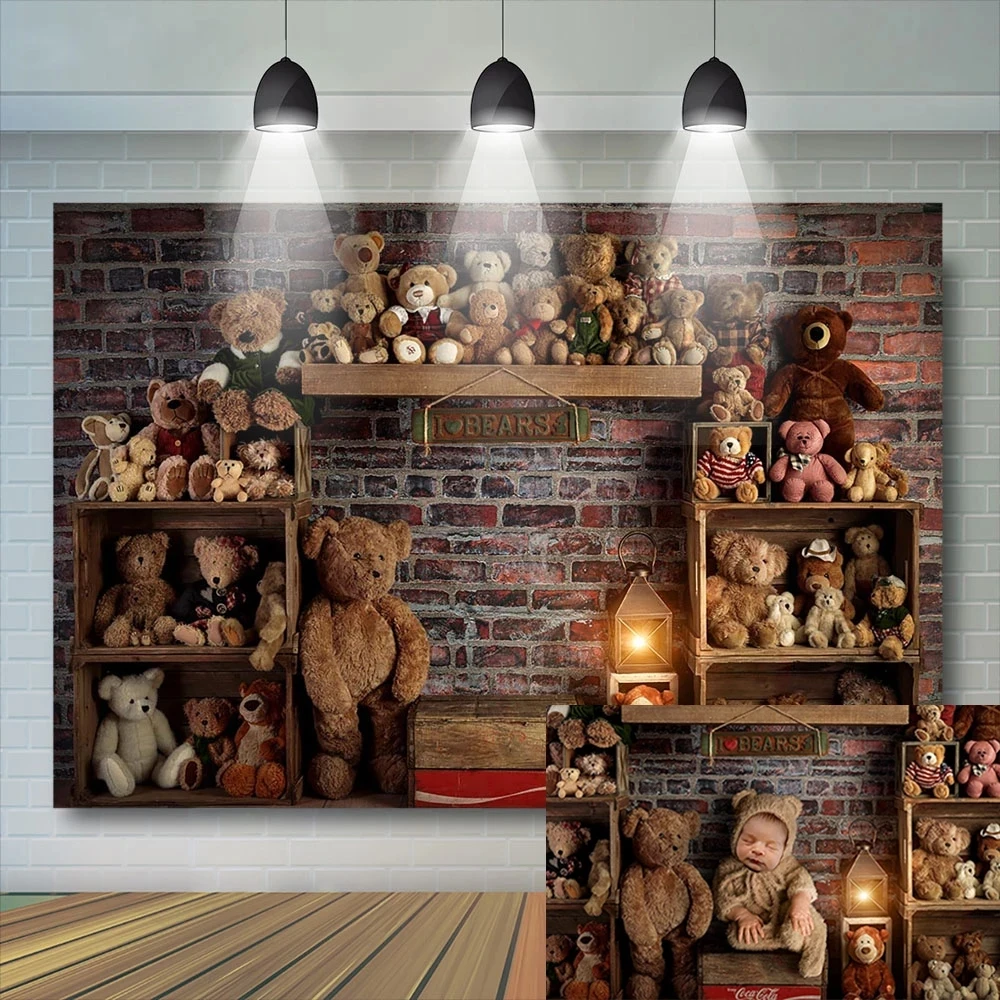 

Brick Wall Baby 1st Birthday Backdrop Toy Bear Portrait Photography Background Props Photo Studio