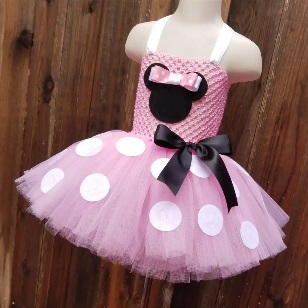 Cute Girls Pink Mickey Minnie Tutu Dress Baby Crochet Dress with White Dots and Hairbow Kids Party Cosplay Cartoon Costume Dress