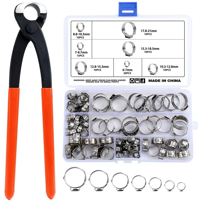 

85PCS Stainless Steel 6-21Mm Single Ear Hose Clamps, Hose Clamp Set, Belt Clamp Rings, Hose Clamps with Clamping Pliers