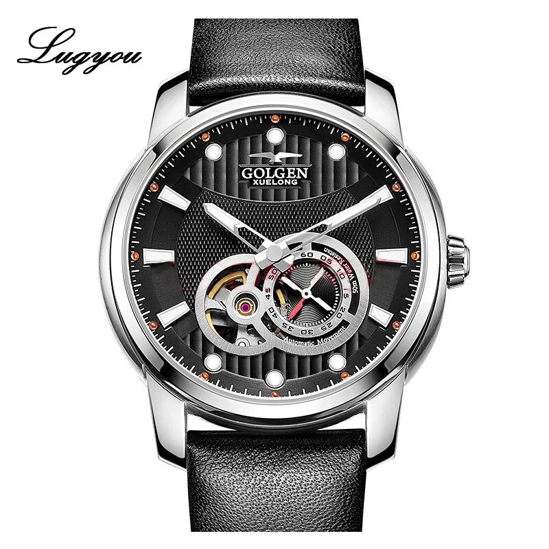 Мужские часы-скелетоны Lugyou GOLGEN автоматические из нержавеющей стали с сапфировым