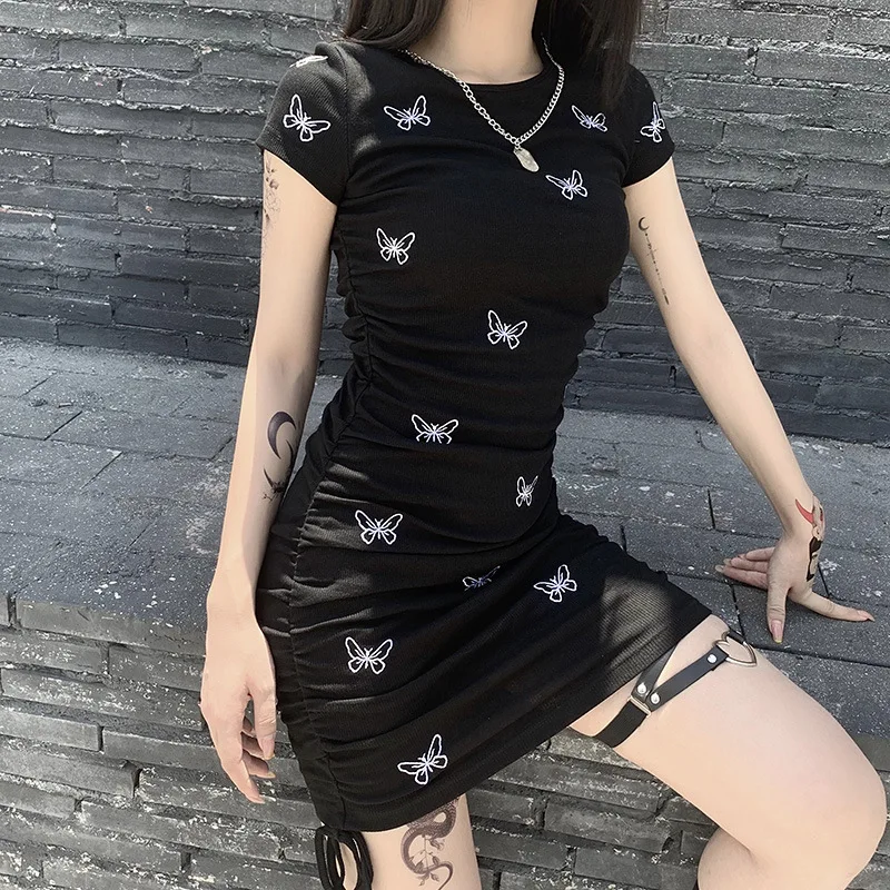 Горячая Распродажа черные платья с коротким рукавом и принтом бабочки женские