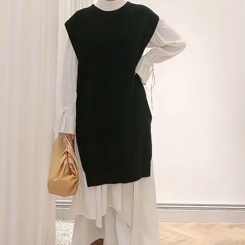 

Japan Irregular Fashion 2 Pcs Women Set Stand Collar Long Sleeve High Waist Hip Dress + O Neck Sleeveless Knit Split Vest Suit