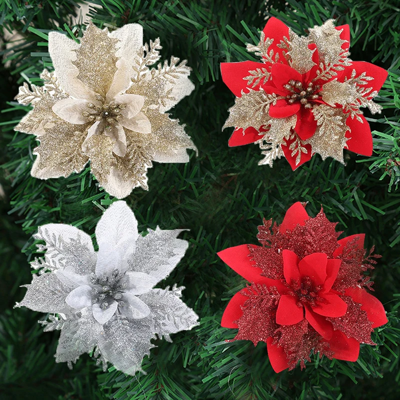 

Artificial Christmas Flowers Glitter Fake Flowers Merry Christmas Tree Decor