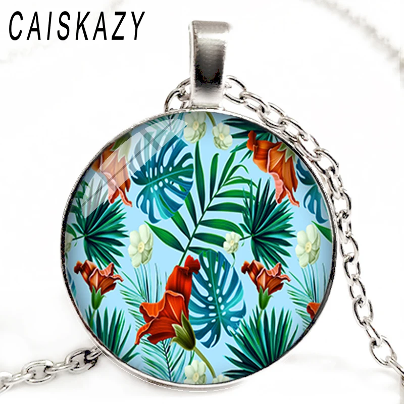 Лист тропического растения стеклянный кабошон ручной работы ожерелье красивый