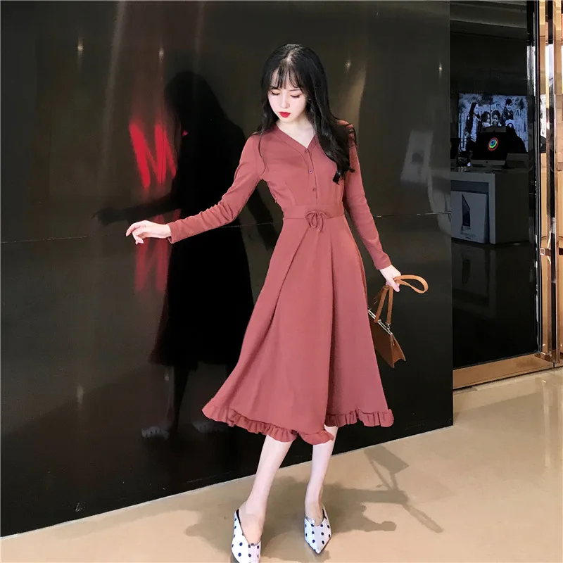 

Fall 2020 womens dress slim fit V-neck long sleeve one piece dresses bottomed skirt fashion high waist solid casual french style