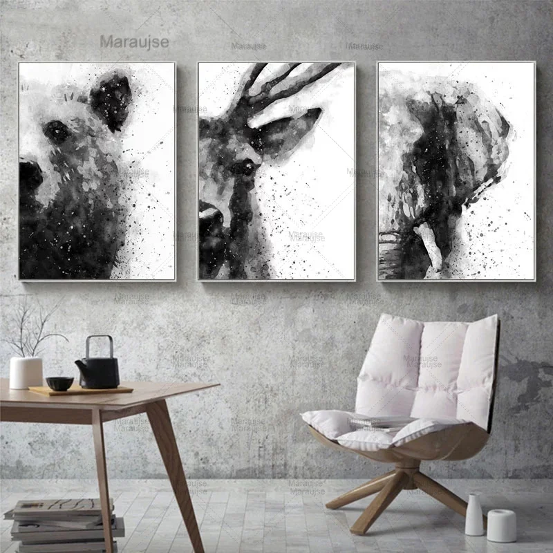 Абстрактные акварельные животные черно-белые плакаты и принты Тигр лиса слон