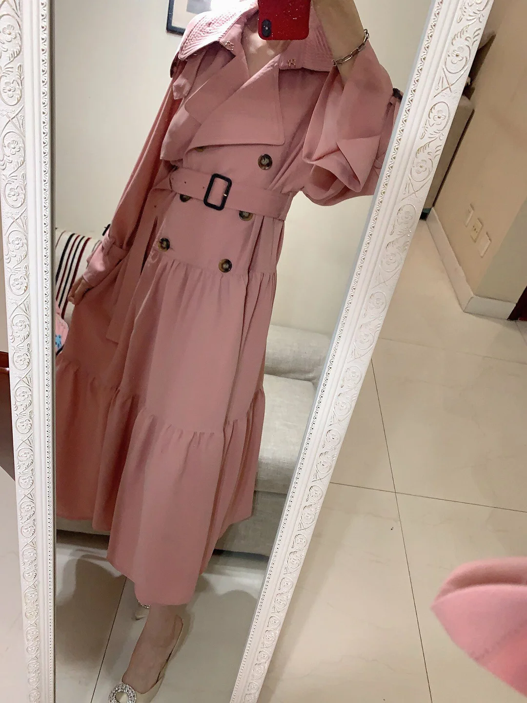 

early spring runway design dress style pink trench coat women lapel double breasted slim belt x-long overcoat elegant coats
