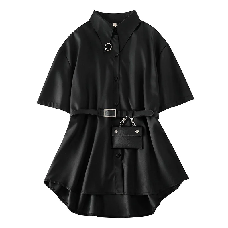 

2021 Ladies Tops with Belt Bags Black Half Sleeve Button Casual Streetwear Cool Womens Tops and Blouses Shirts Casual